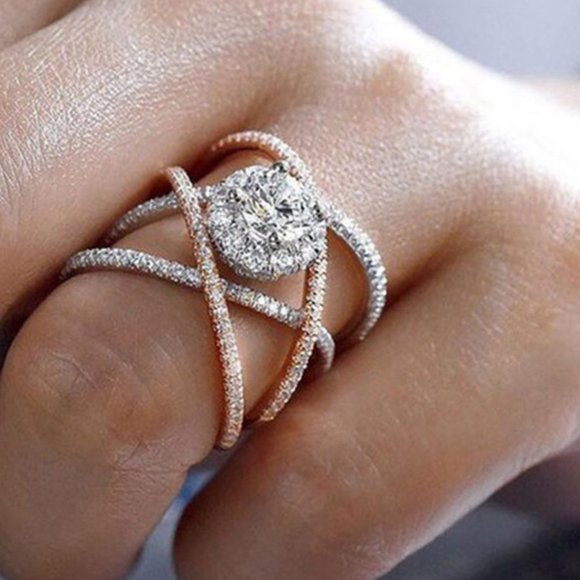 Jewelry - NEW Two Tone 18K Rose & White Gold Diamond Halo Layer Ring